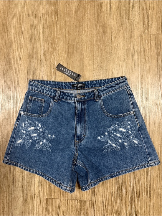 Steve Madden Pants - Steve Madden Dark Blue Distressed Denim Shorts with Paint Detail size 28